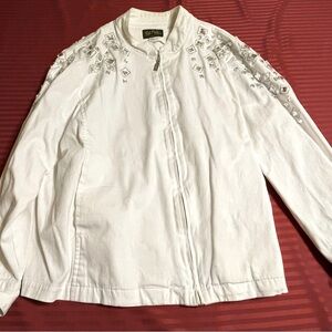 Pre-Owned White Bob Mackie Wearable Art Square Jeweled Embellished Denim Jacket